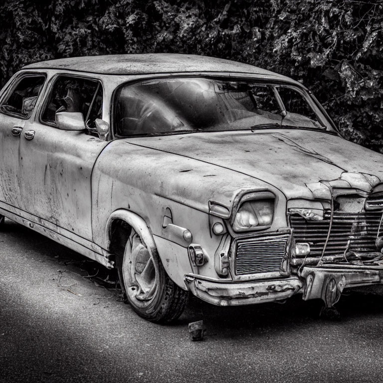 Abandoned rusty car with flat tires in foliage