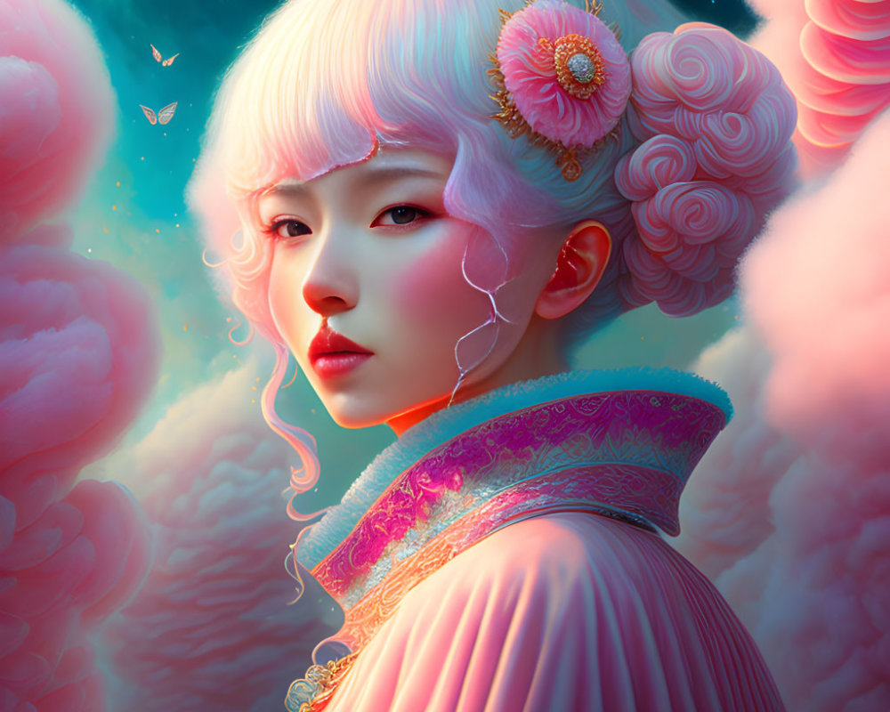 Pale-haired woman in traditional attire with pink flower and butterflies against ethereal backdrop