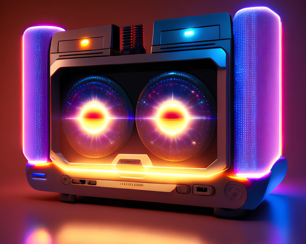 Colorful neon-lit boombox emits glowing patterns on warm backdrop