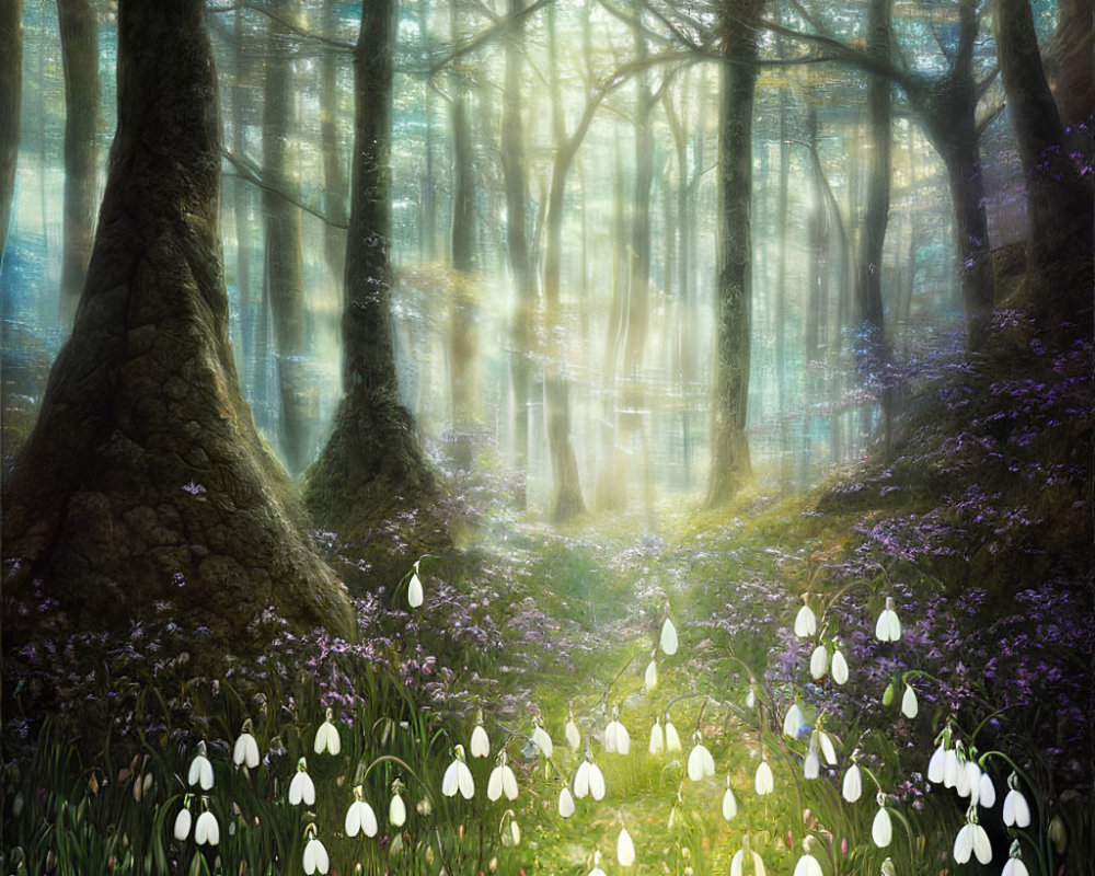 Sunlit mystical forest with glowing plants and carpet of flowers