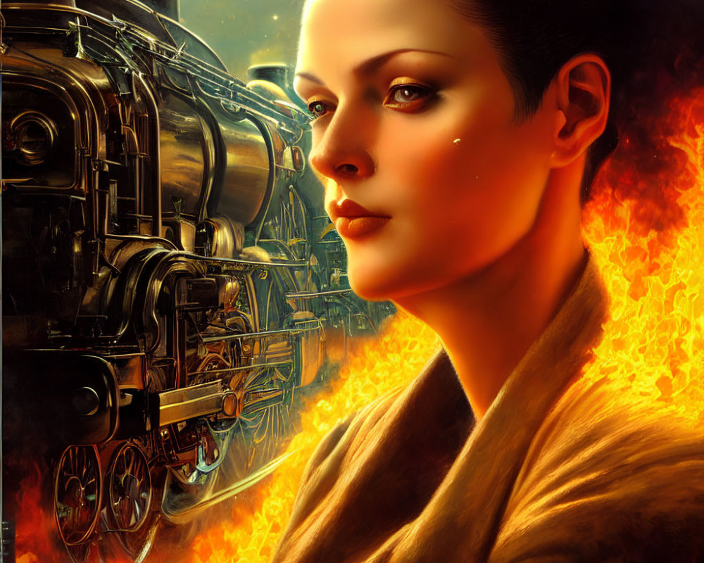 Surreal digital artwork: Woman's face merged with steam locomotive in fiery ambiance