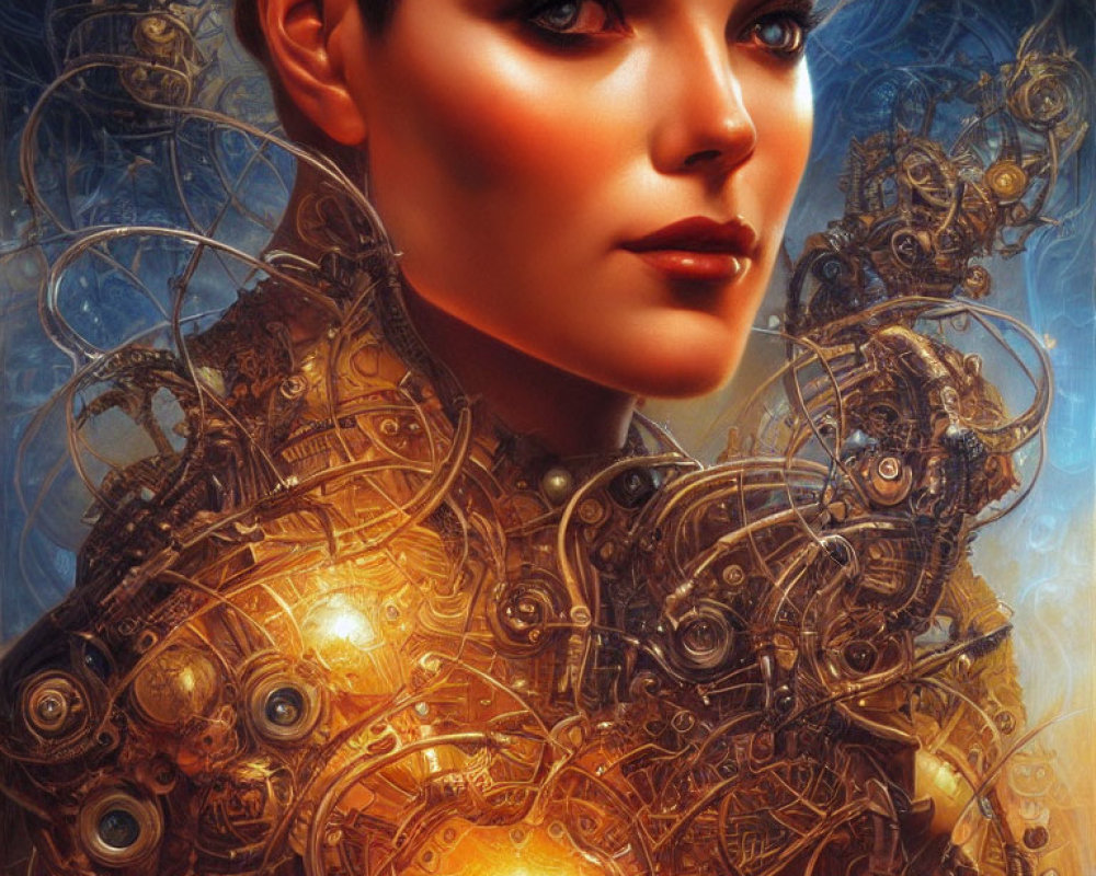 Futuristic digital artwork of woman with cybernetic enhancements