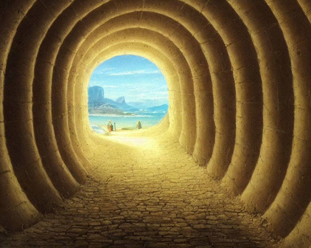 Tunnel opening onto beach with two figures walking towards sunlight