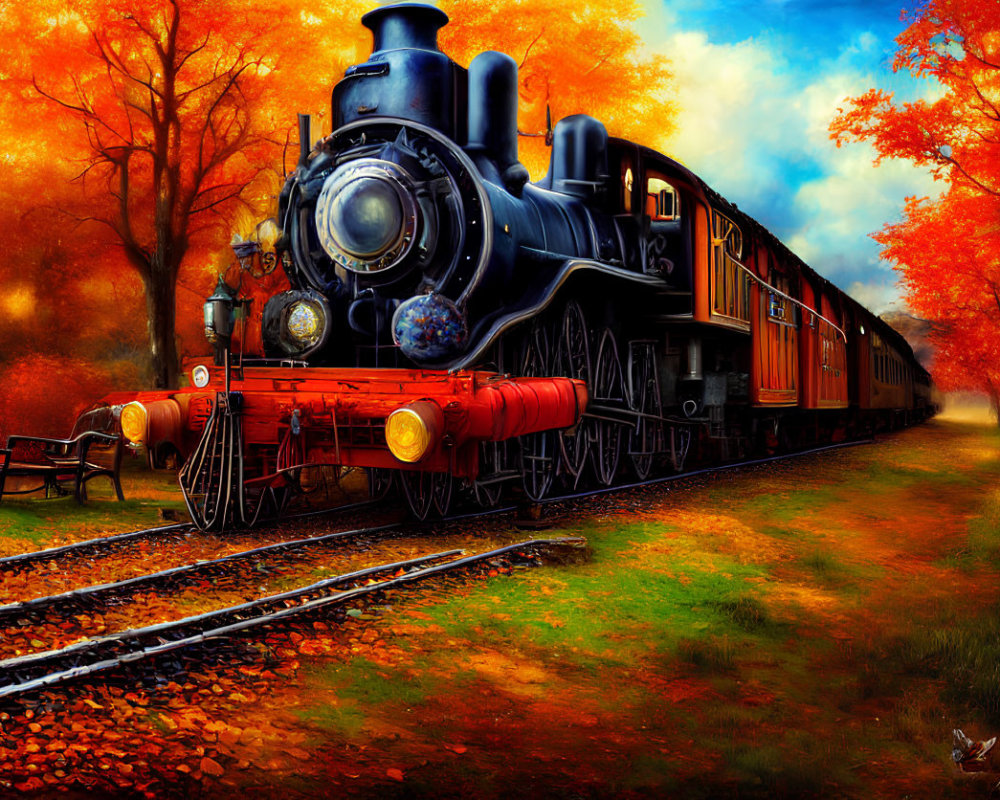 Vintage Steam Locomotive Pulls Red Passenger Cars Through Vibrant Autumn Forest