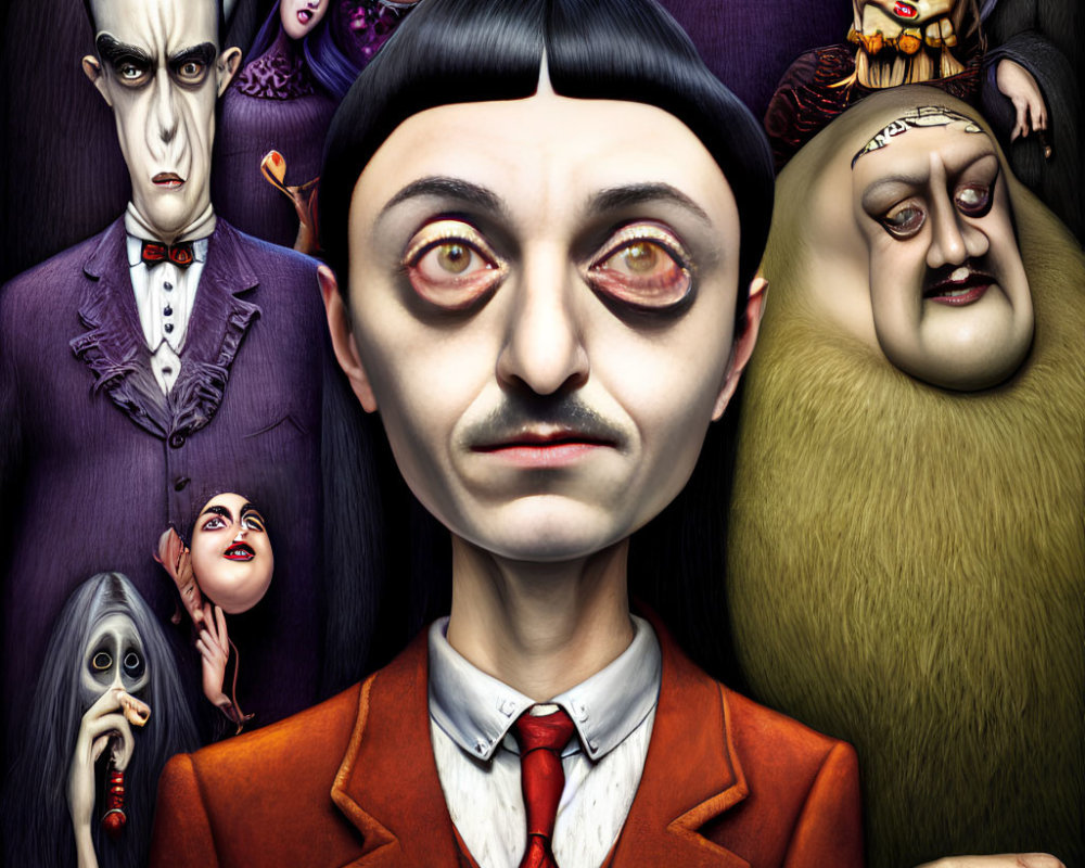 Eccentric Gothic Characters in Exaggerated Caricature Portrait