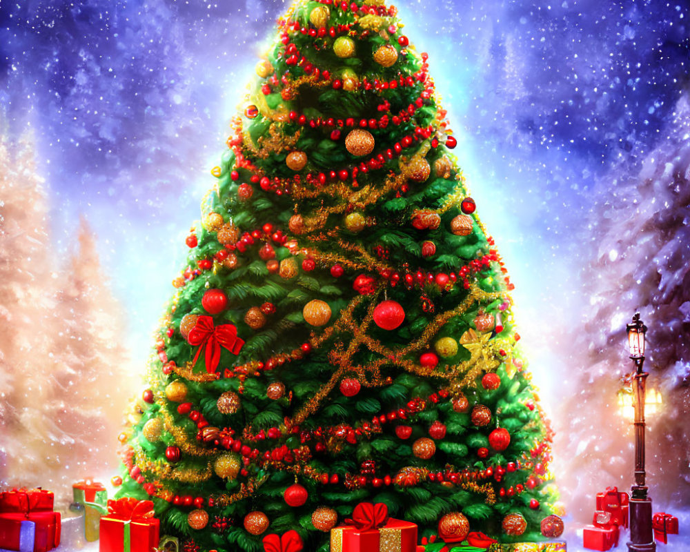 Vibrant Christmas tree with presents, star topper, in snowy night scene