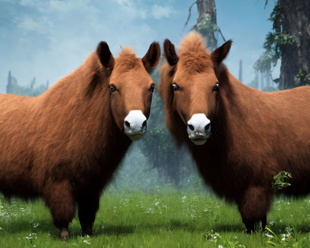 Fluffy chestnut horses in sunny meadow with trees and blue sky