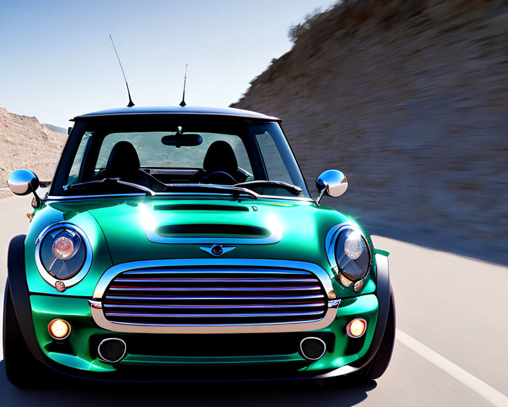 Turquoise Mini Cooper on highway with blue sky and rocky terrain