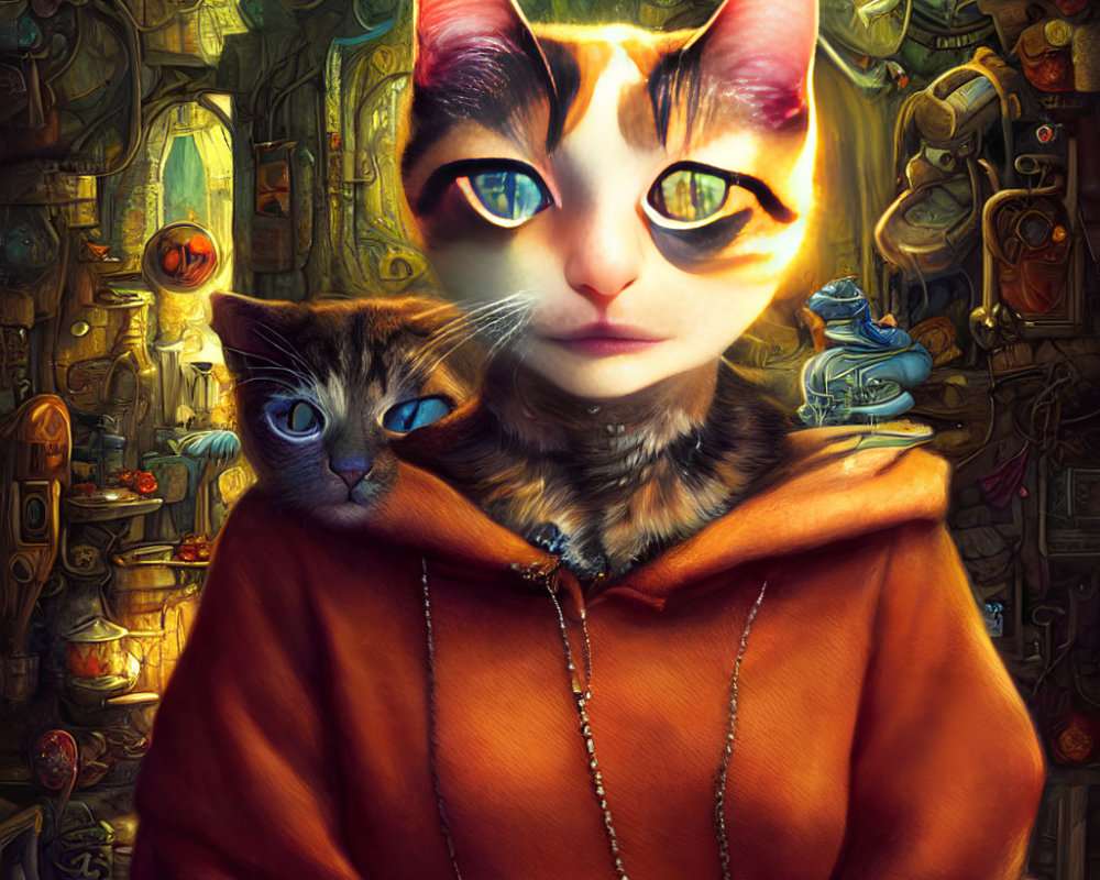 Hooded figure with cat face in intricate artwork holding a small cat