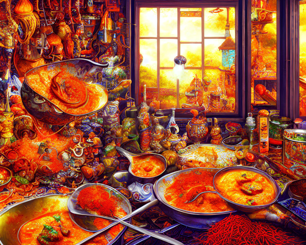 Detailed Kitchen Scene with Cooking Pots, Ingredients, and Utensils in Warm Light