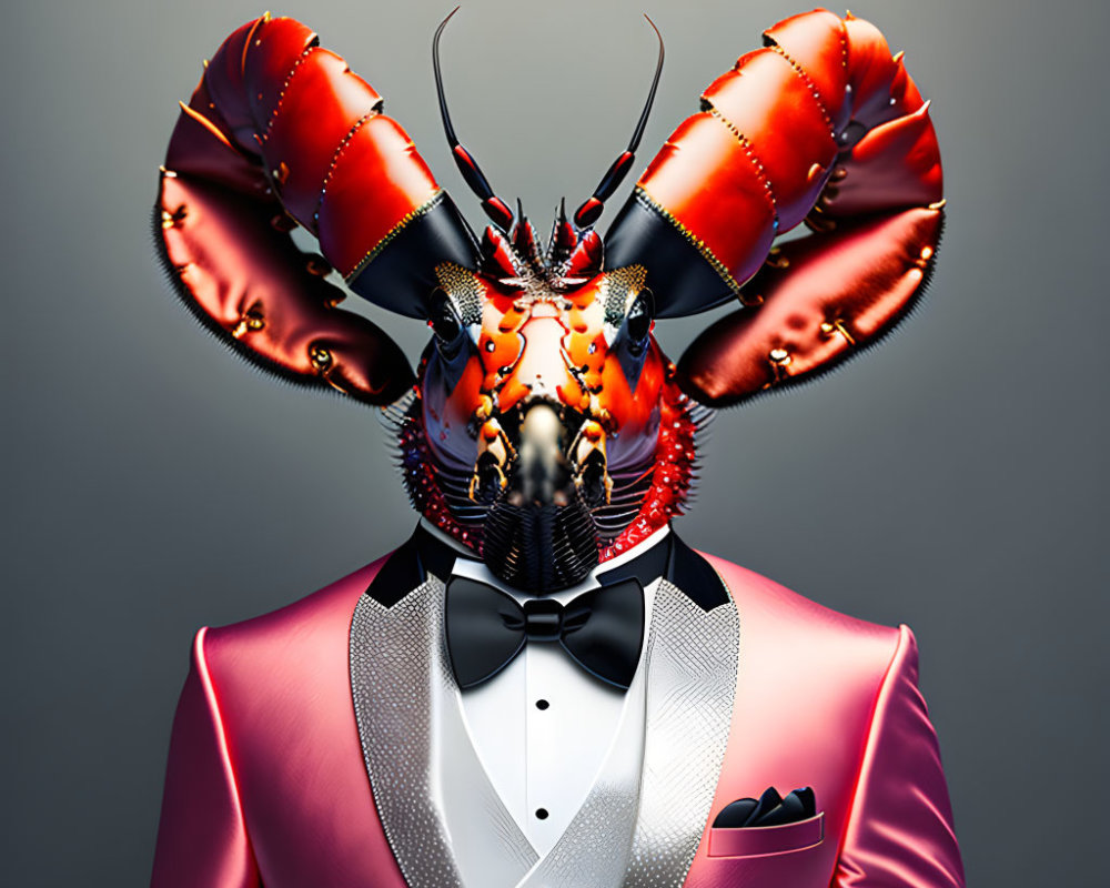 Surreal image: Person in pink suit with lobster head and bow tie