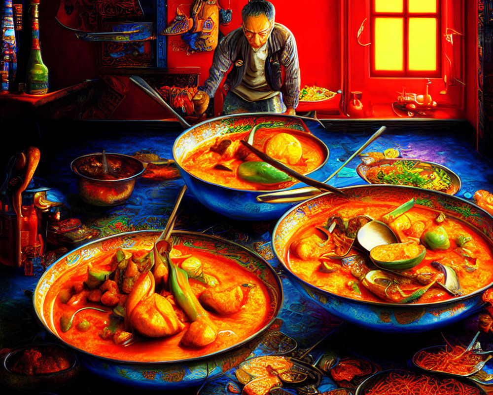 Colorful Kitchen Scene with Person Cooking and Steaming Bowls