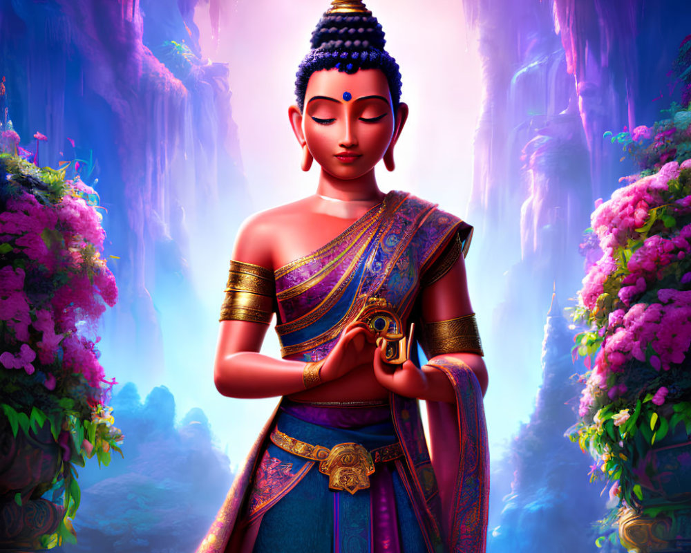 Illustration of Buddha in Thai attire with golden vessel in mystical cave setting