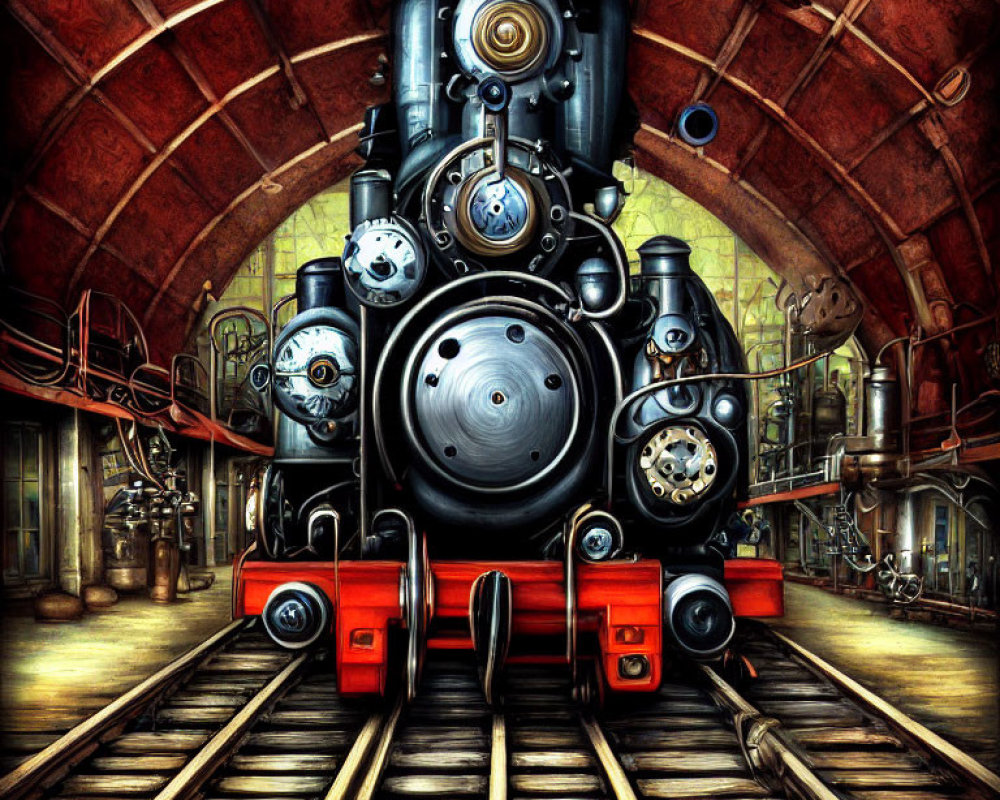 Detailed Steampunk Locomotive in Vintage Train Station