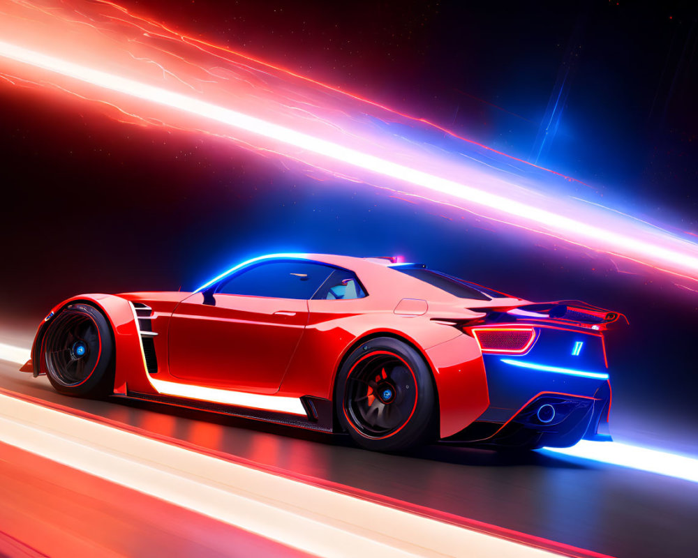 Red sports car in motion under night sky with dynamic light streaks