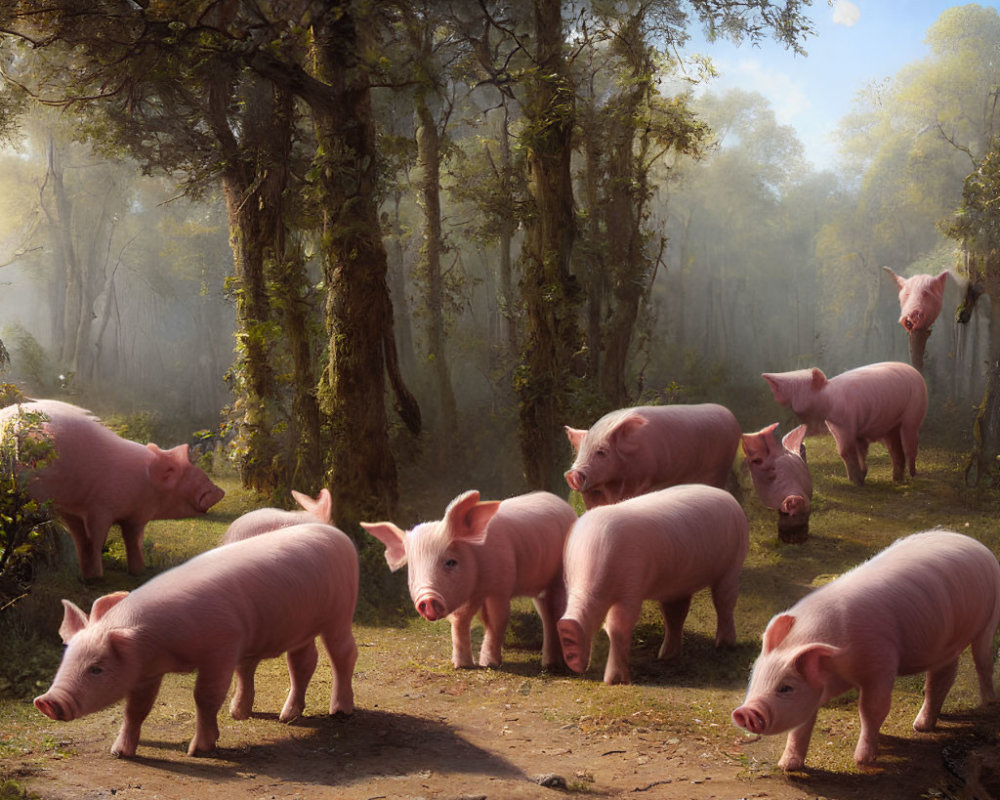 Pink pigs in sunlit forest clearing with tall trees