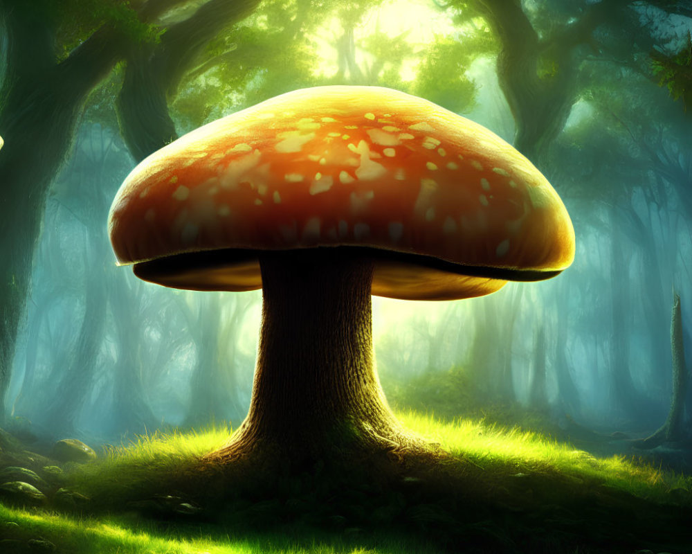 Glowing red-capped oversized mushroom in enchanted forest