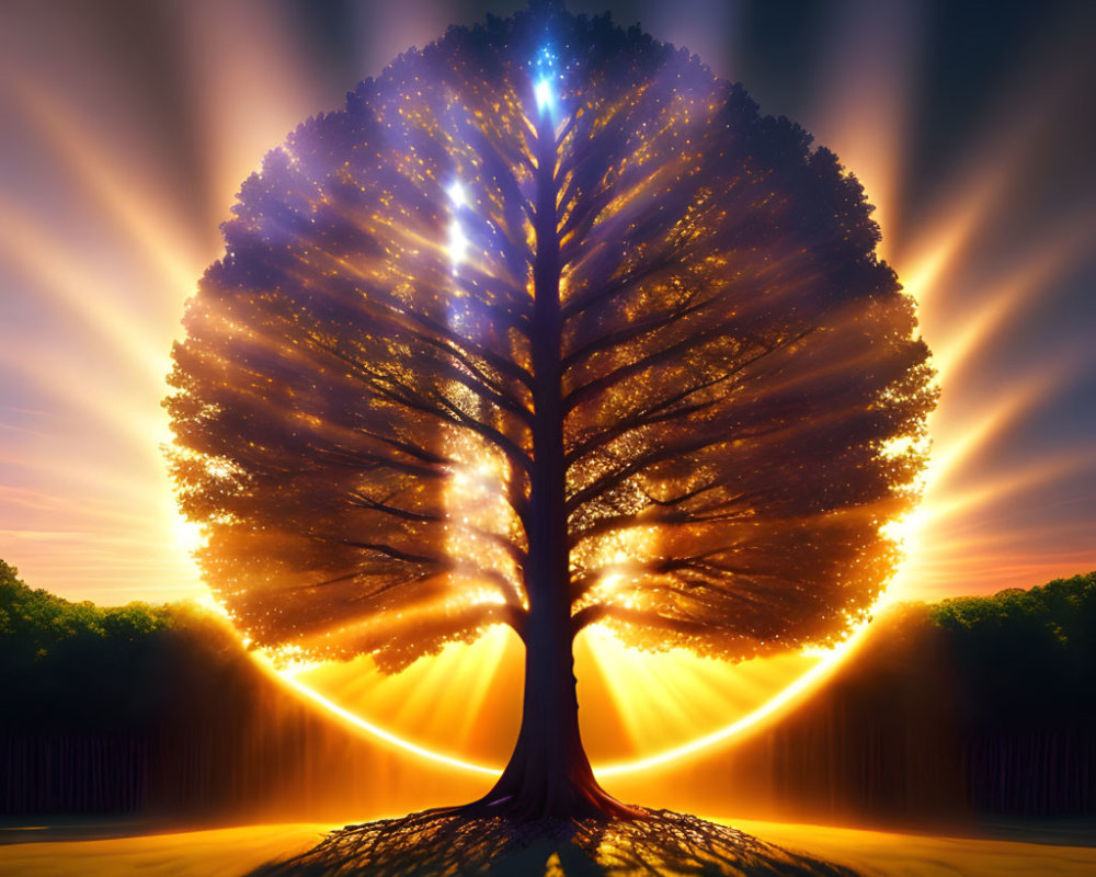 Majestic tree with sunbeams and vivid sunrise