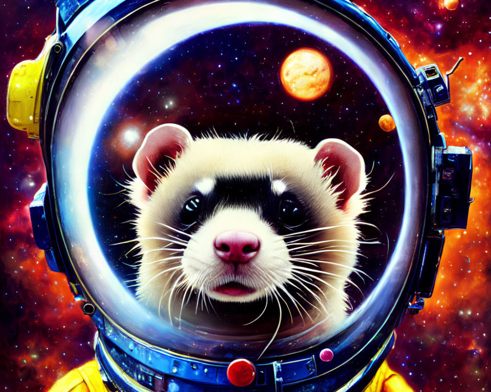 Stylized Ferret Astronaut in Helmet Amid Vibrant Cosmos