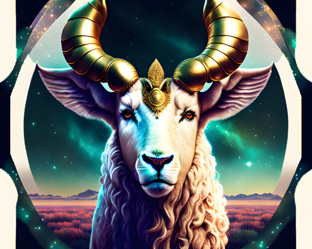 Colorful Ram Illustration with Golden Horns in Cosmic Landscape