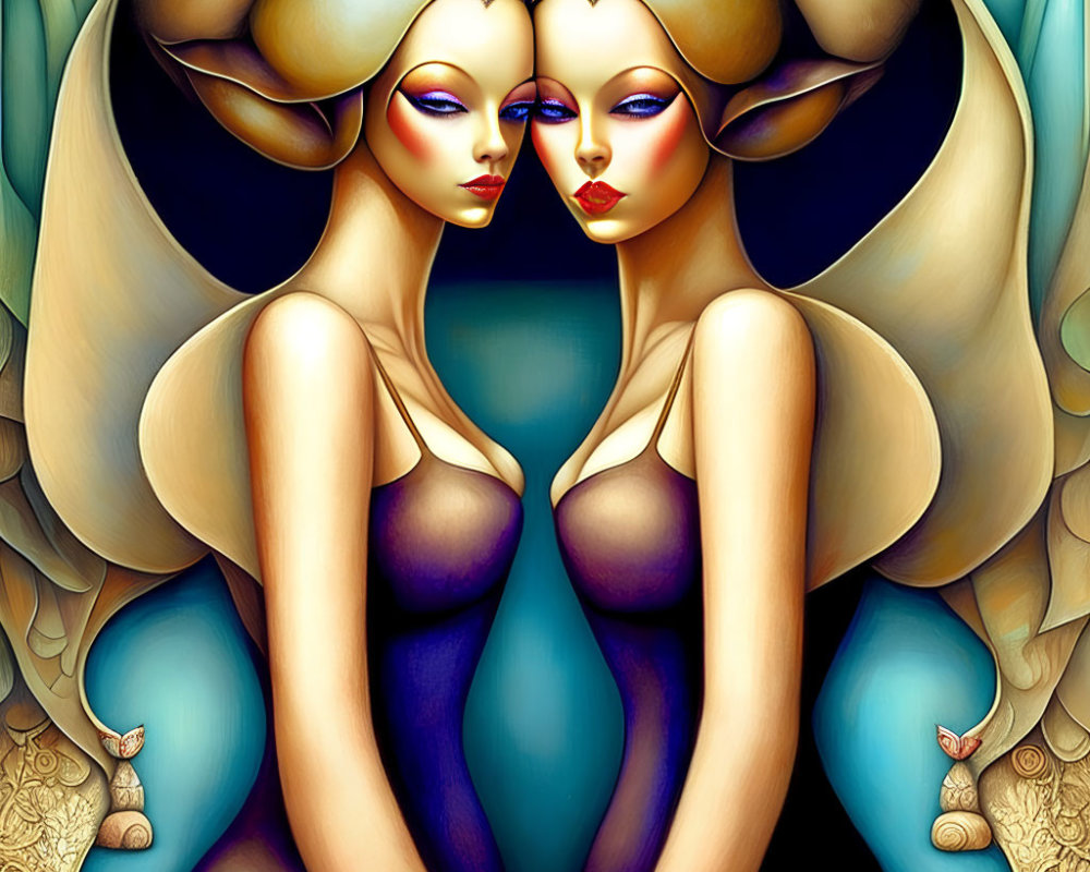 Symmetric digital art of two stylized women with horn-like hair in blue and gold.