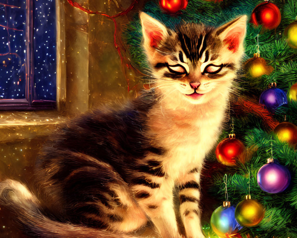 Striped kitten by Christmas tree with colorful baubles and twinkling lights.