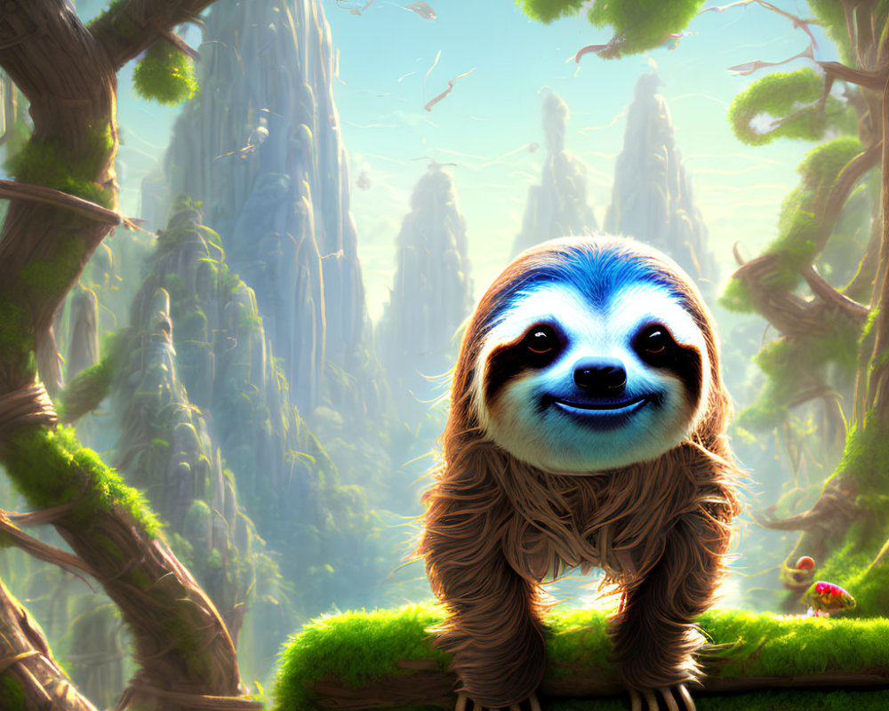 Blue-Faced Sloth on Moss-Covered Branch in Sunlit Forest