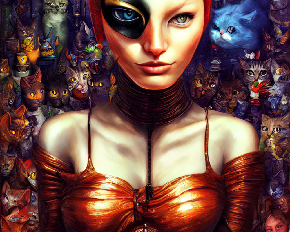 Colorful surrealistic artwork featuring woman in cat mask with whimsical cats and clocks.