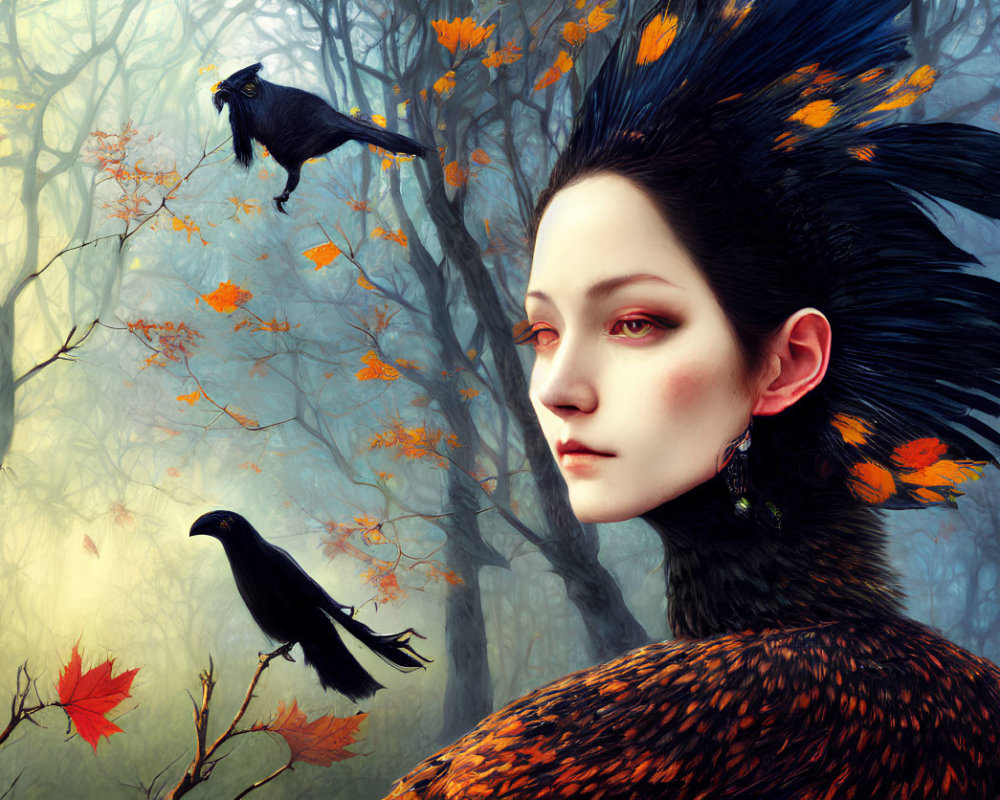 Digital artwork featuring woman with black feathered hair and orange leaf accents, surrounded by crows and autumn