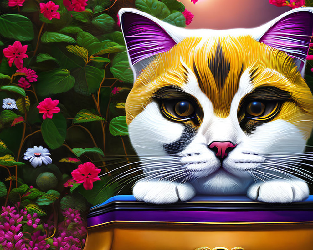 Illustrated orange and white cat in vibrant garden setting