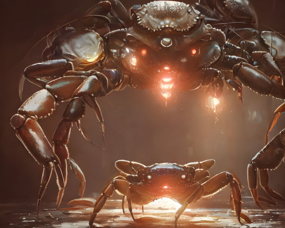 Imposing robotic crabs with red eyes in dim lighting