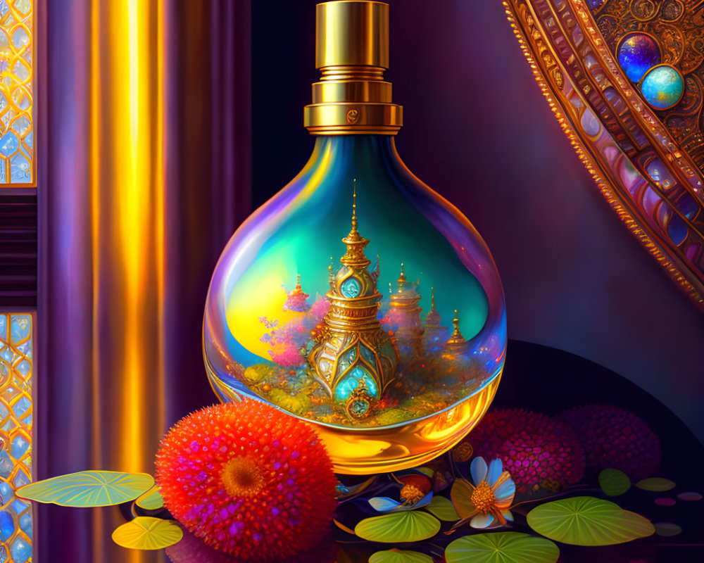 Colorful Perfume Bottle Illustration with Cityscape and Exotic Fruits