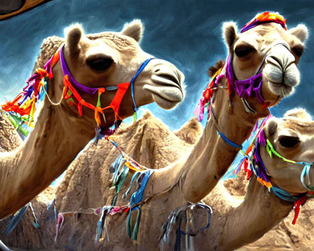 Colorful bridled camels in desert dunes reflection.