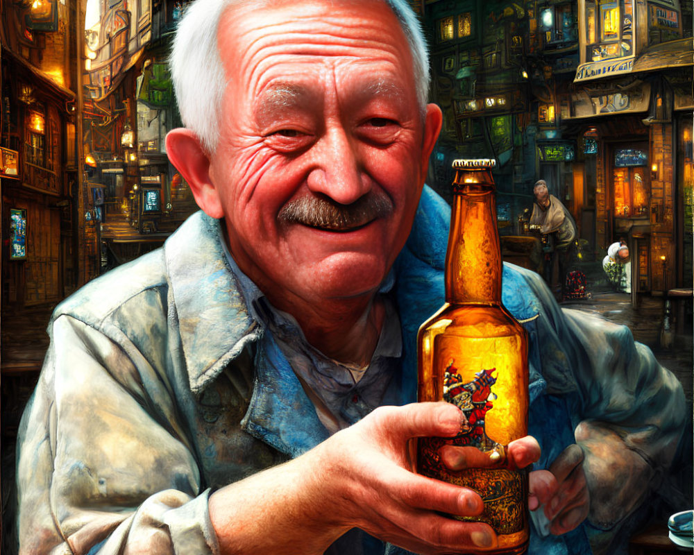 Elderly man with white beard holding illustrated beer bottle in vibrant street scene