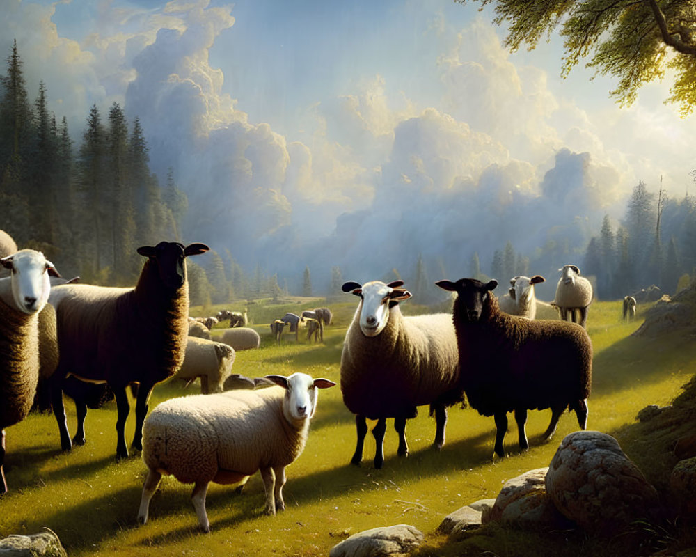 Tranquil landscape: sheep grazing in meadow under dramatic sky