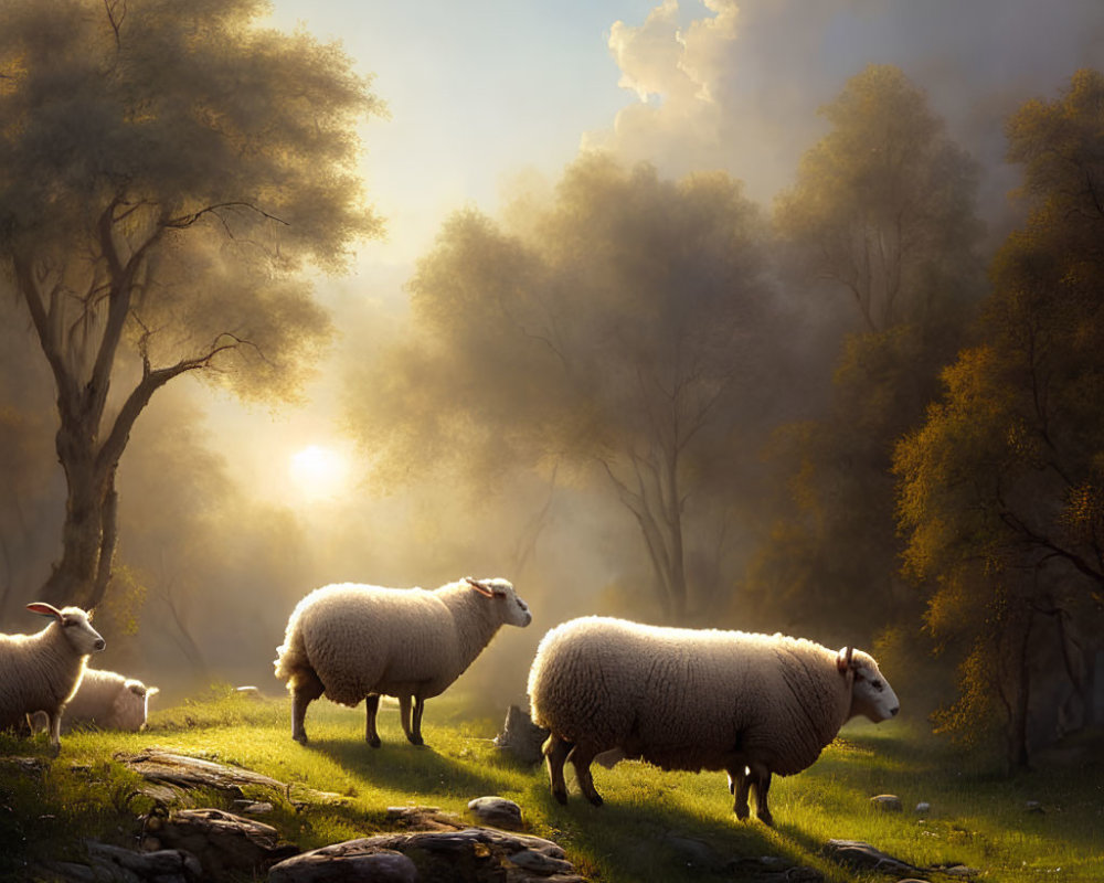 Tranquil sheep grazing in misty sunlit meadow