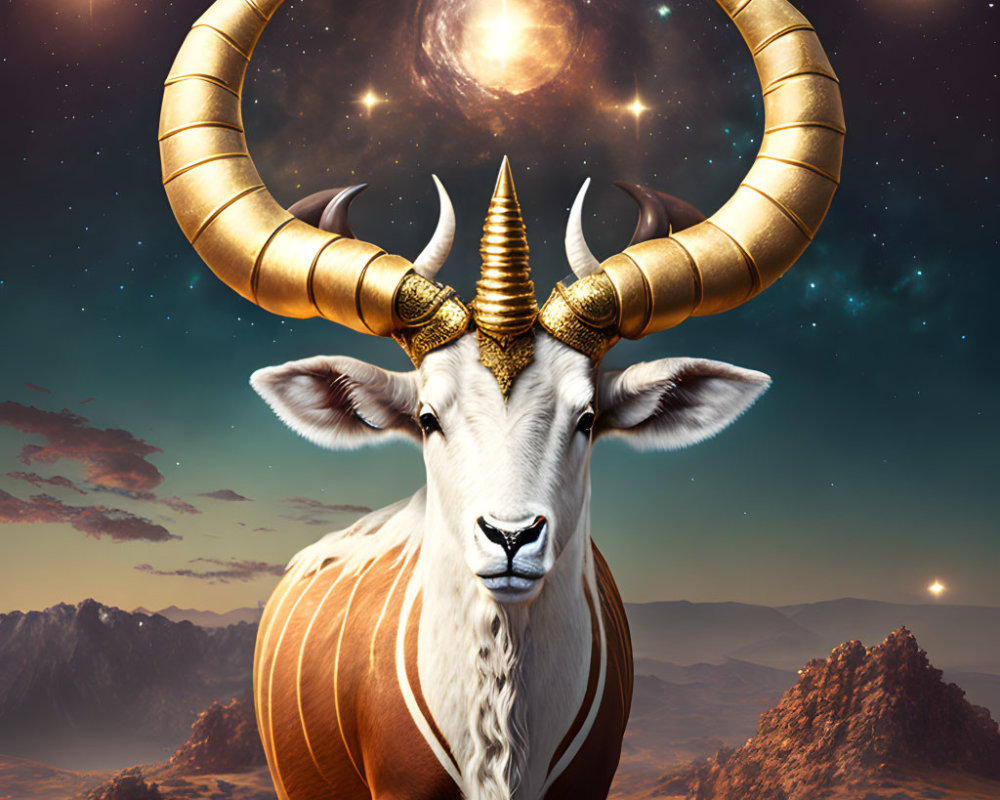 Majestic white bull with golden horns under cosmic sky