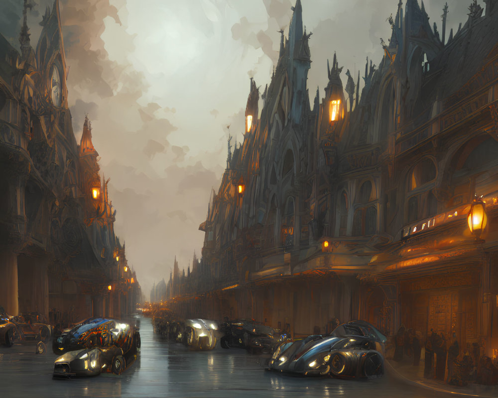 Futuristic city street at dusk with classic architecture and advanced vehicles