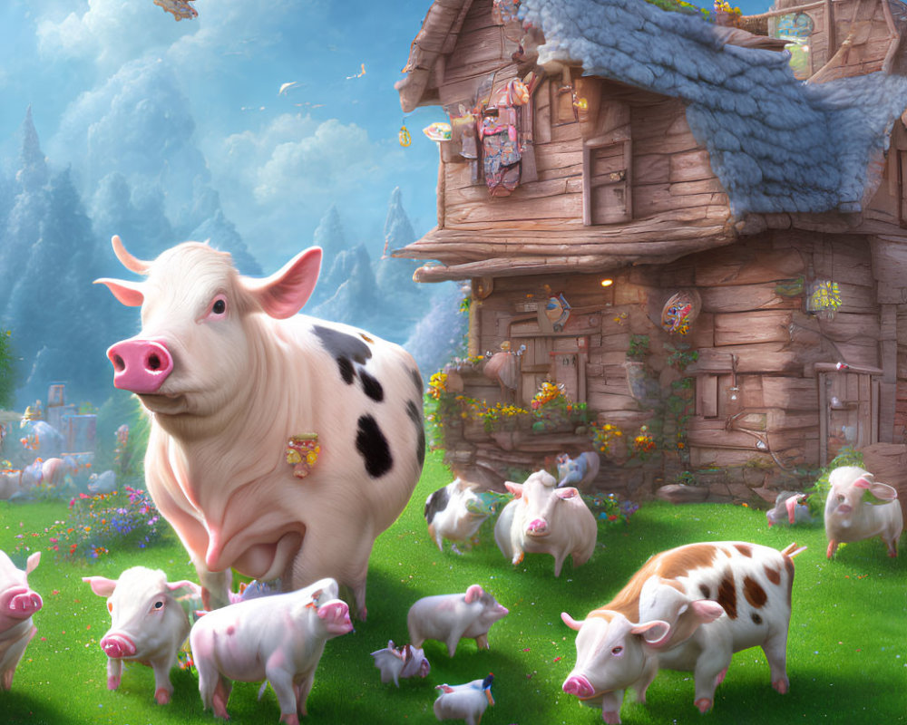 Fairytale pig illustration with castle, cottage, and vibrant flora