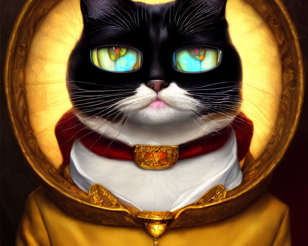 Regal tuxedo cat portrait with golden collar and chalice on dark background