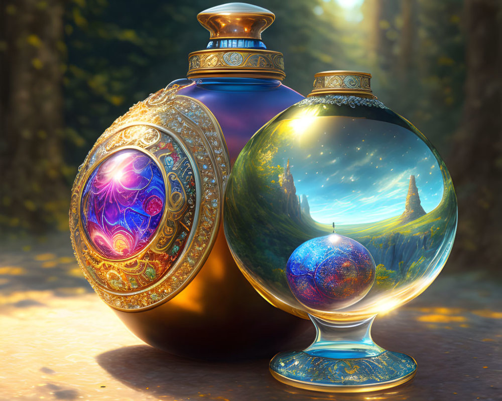 Intricate glowing potion bottles in forest clearing