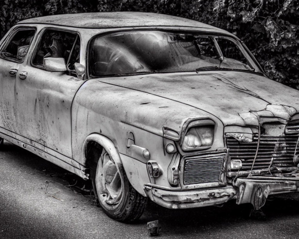 Abandoned rusty car with flat tires in foliage