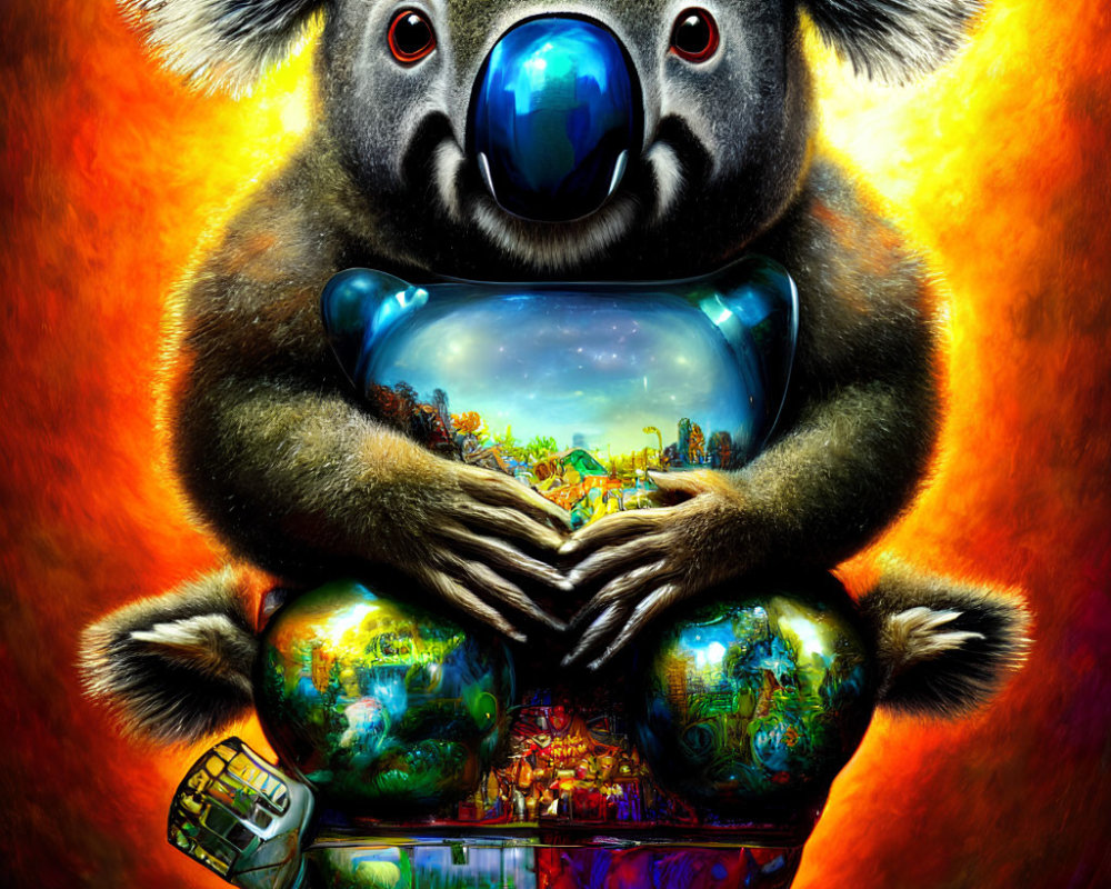 Colorful Koala Artwork with Exaggerated Nose and Reflective Sphere Showing Landscape