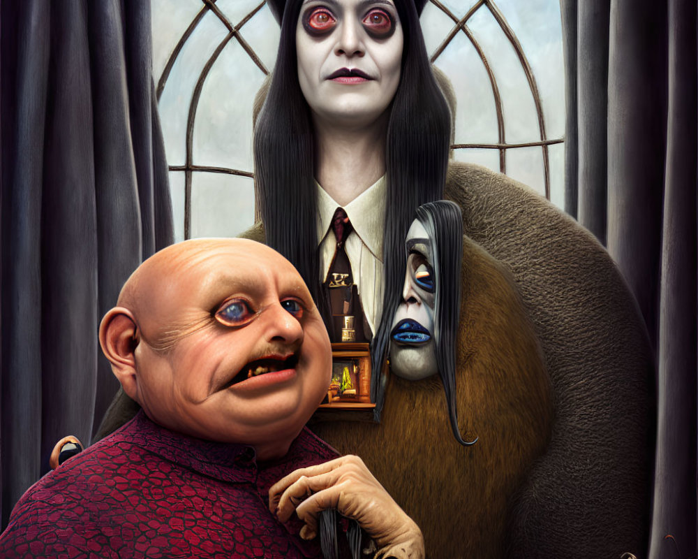 Stylized portrait of two quirky characters against Gothic window backdrop