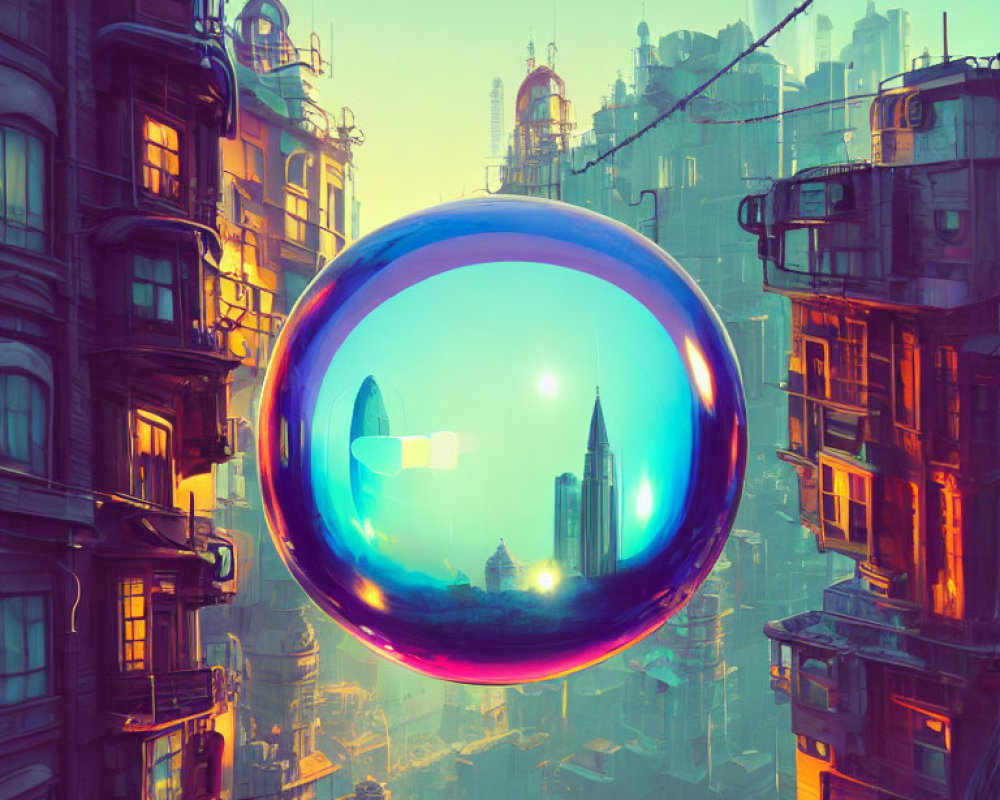 Futuristic cityscape at sunrise with towering buildings and reflective sphere