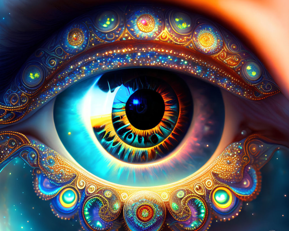 Detailed digital eye art with colorful patterns and cosmic background