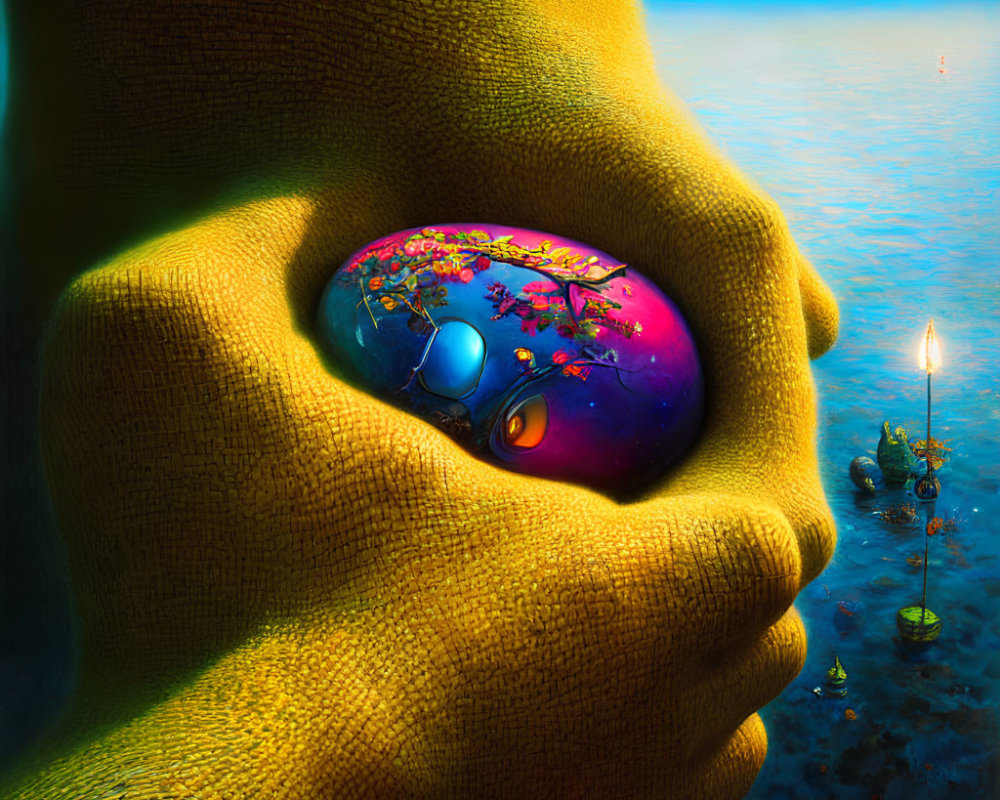 Vibrant planet cradled by large hands in warm illuminated setting