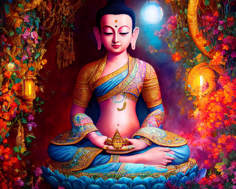 Colorful artwork of meditating figure in traditional attire with flowers and lanterns.