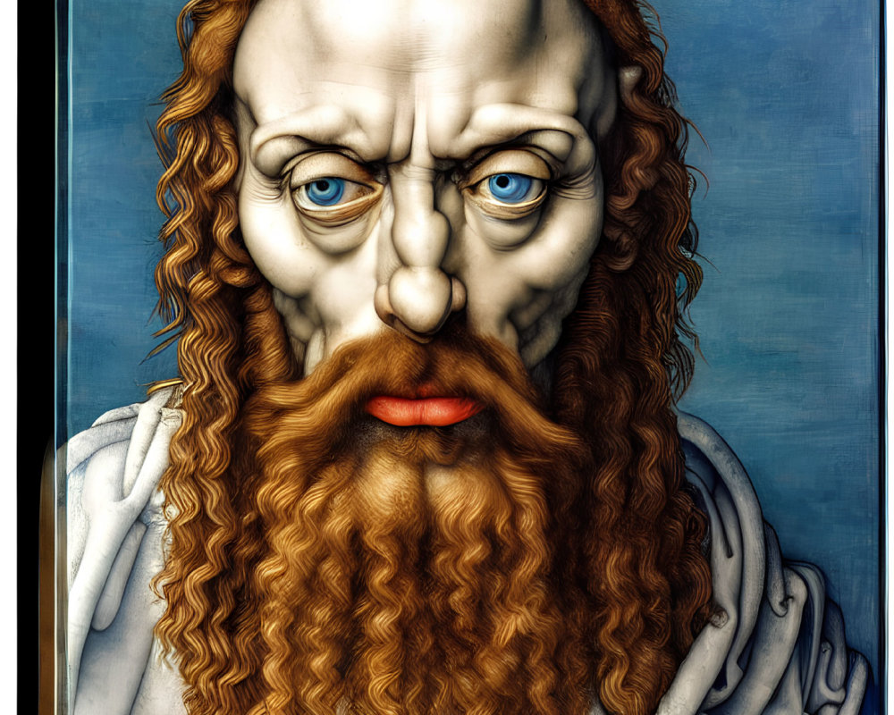 Portrait of a man with auburn curly hair, blue eyes, and furrowed brow on