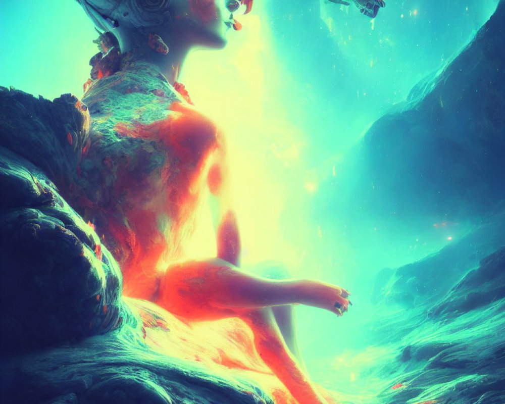 Surreal digital artwork: Female figure merges with landscape under celestial sky